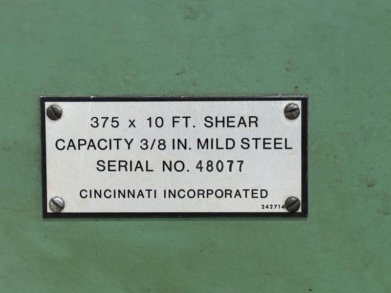 10&#039; X 3/8&quot; CINCINNATI MODEL #375X10 HYDRAULIC SHEAR: STOCK #22818