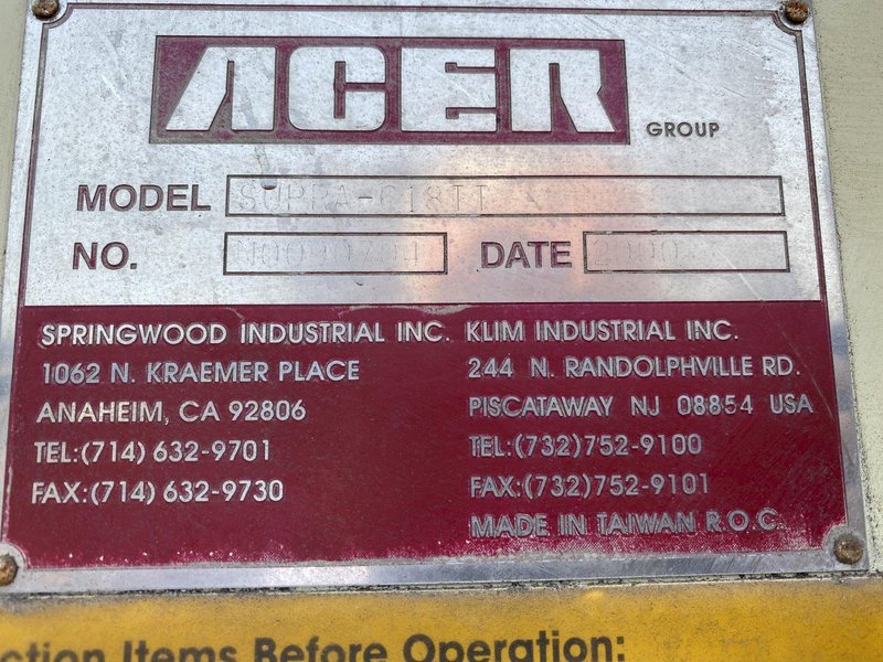 6” X 18” ACER MODEL SUPRA-618II HYDRAULIC HORIZONTAL SURFACE GRINDER: STOCK #14510