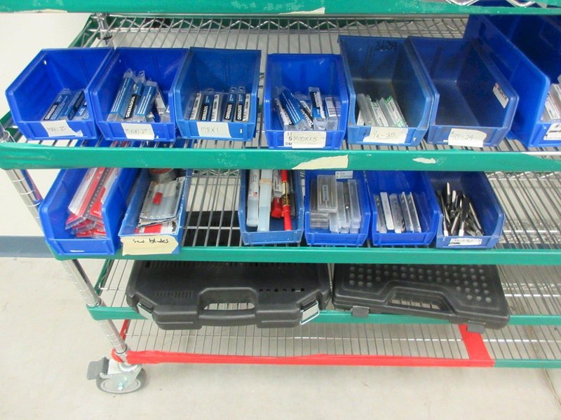 Perishable Tool, Large Assortment including Screw Gun Drill Tips, Taps, Drills, Sawzall Blades and MORE on 6-Shelf 60" x 18" x 78" Metal Wire Rolling Cart- Auction Item
