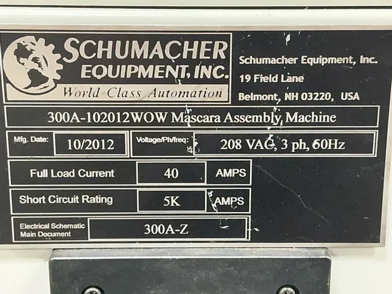 SCHUMACHER EQUIPMENT. INC. ASSEMBLY MACHINE   -  300A-102012WOW