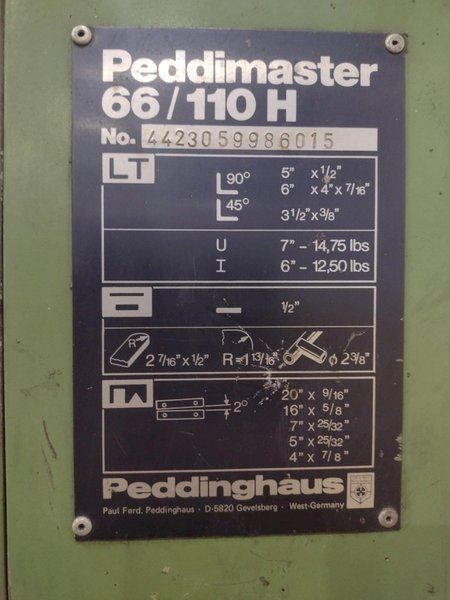 66 TON PEDDINGHAUS MODEL #66/110 PEDDIMASTER HYDRAULIC IRONWORKER: STOCK 22239