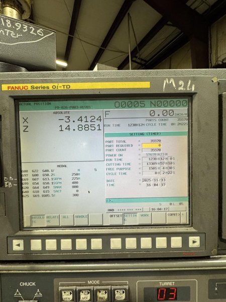 Samsung SL40/1500 CNC lathe, 2012 – RIP Steady Rest, 4.6″ Spindle Bore, Fanuc 0i-TD Control