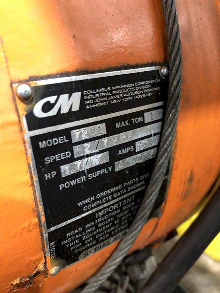 10 TON CM MODEL #POWERSTAR-7201 ELECTRIC CHAIN HOIST WITH POWER TROLLEY: STOCK #18368