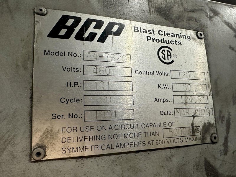 3&quot; BCP MODEL #A4-7620 3-WHEEL COIL BAR PASS -THROUGH BLAST MACHINE, RECLAIM &amp; DUST COLLECTOR: STOCK #20000
