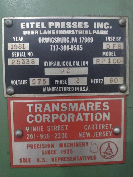 100 TON EITEL MODEL #RP100 HYDRAULIC C-FRAME PRECISION STRAIGHTENING PRESS: YOBRO #16014