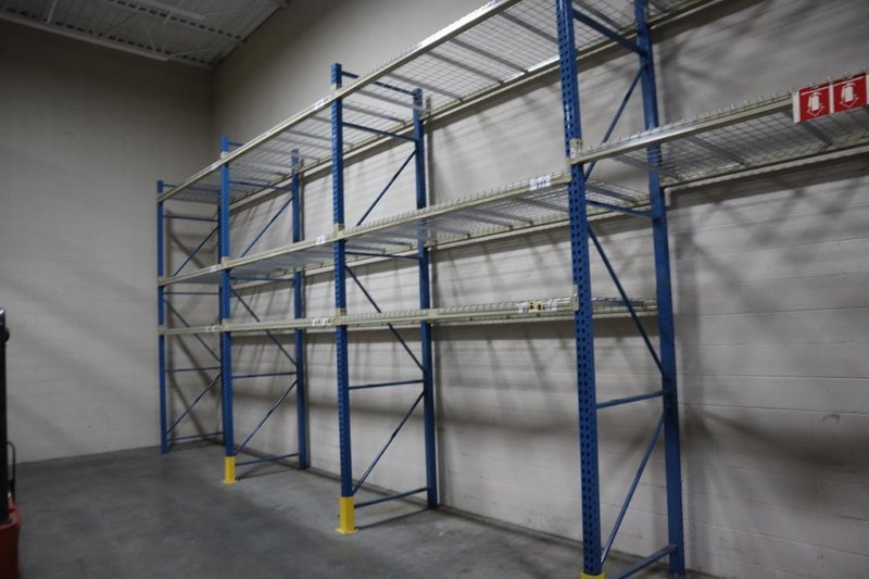 Pallet Racking, Teardrop Style (7) 14'x42" Uprights, (17) 8' Cross Members, Wire Decking, *No Contents*- Auction Item