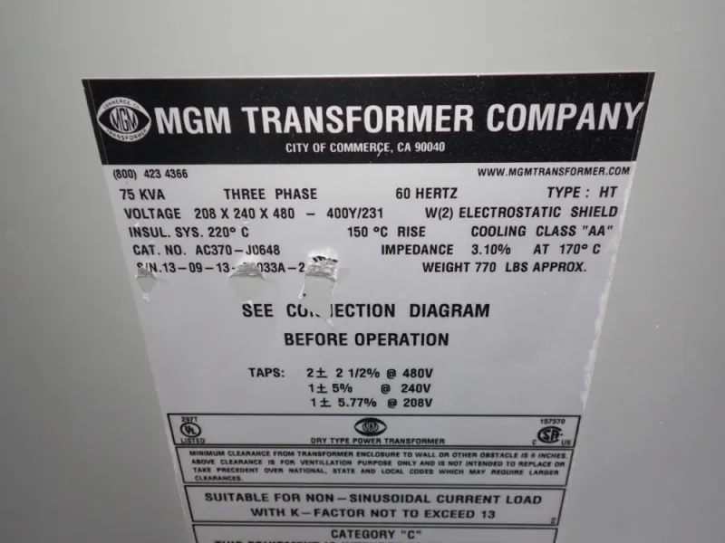 MGM 75 KVA TRANSFORMER  -  AC370-J0648