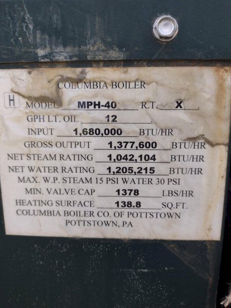 40 HP COLUMBIA MODEL MPH-40 GAS FIRED BOILER: STOCK #22543