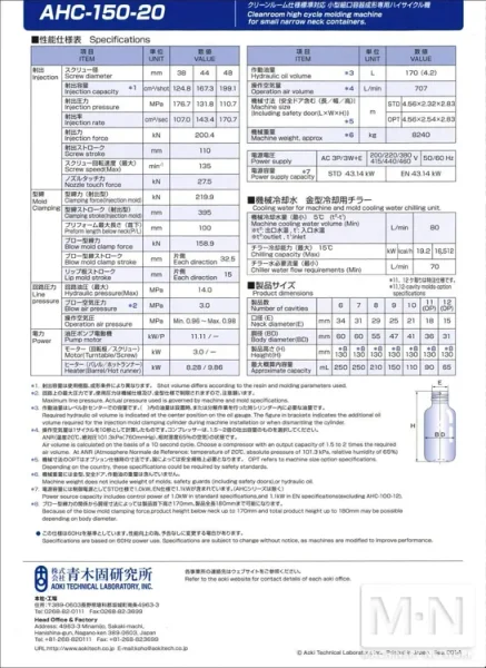AOKI MODEL AHC-150 INJECTION BLOW MOLDING MACHINE MFG 2020