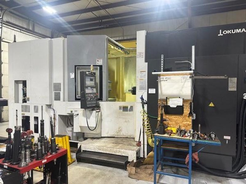 OKUMA MB8000H CNC 4-Axis Horizontal Machining Center, 2017;  31.5&quot; x 31.5&quot; pallets, 12,000 RPM spindle, 4,400 lb cap., travels 51.18&quot; x 43.3&quot; x 49.21&quot;, OSP P300M CNC. 171 Pos. ATC, Renishaw tool detection and chip conveyor, 50 hp
