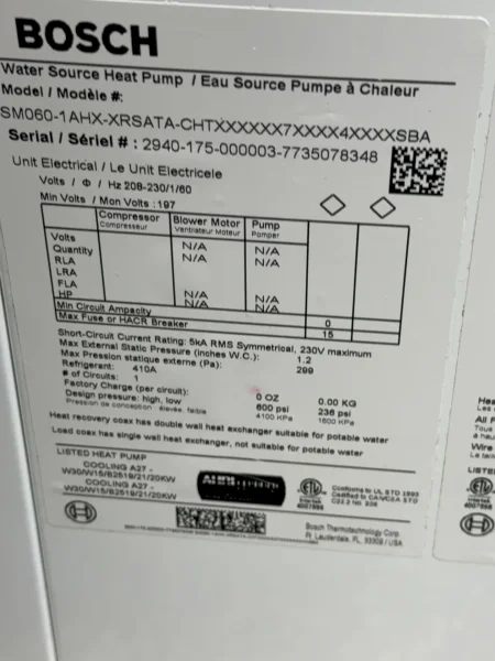 BOSCH WATER SOURCE HEAT PUMP   -  SM060-1AHX-XRSATA-CHTX