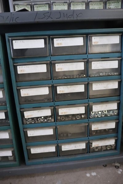 Shelving Unit with (6) Multi-Bin Cabinets with Hardware and Fasteners Contents- Auction Item
