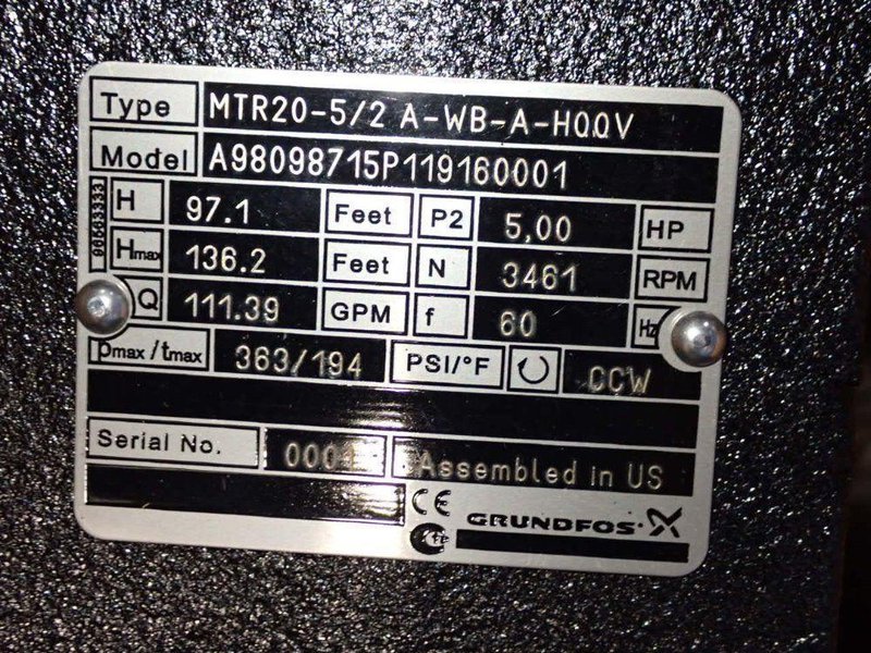 GRUNDFOS 3.7 KW MULTI STAGE PUMP  -  MTR20-5/2 A-WB-A-HQQV
