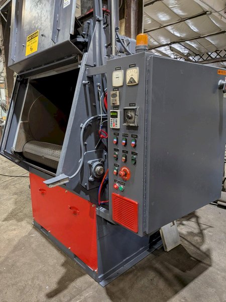 2012 DeLong 7 super model DSTB7 rubber belt tumblast machine s/n 0066281 rated at 7 cu ft capacity, 20hp direct drive shot wheel, offered rebuilt