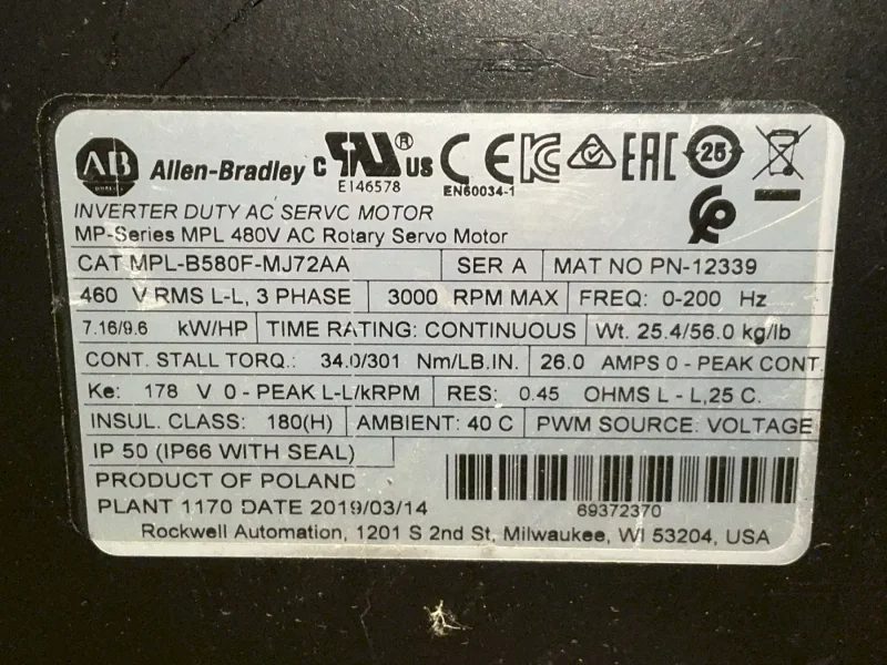 ALLEN BRADLEY 9.6 HP AC SERVO MOTOR   -  MPL-B580F-ML72AA