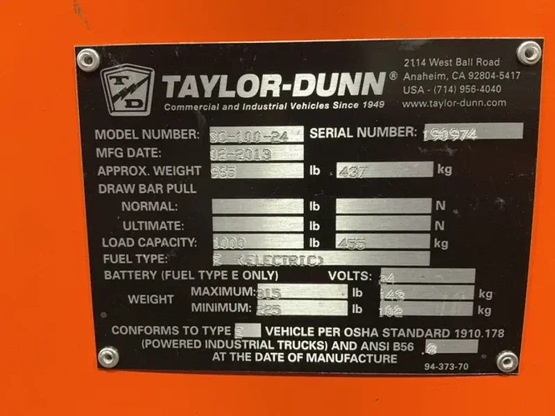 TAYLOR-DUNN 1000 lbs ELECTRIC STOCK CHASER CART  -  SC-100-24