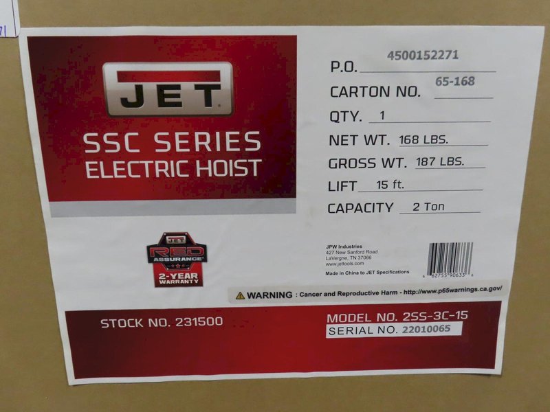 Jet 2SS-3C-15 (Model 231500) 2 Ton Electric Chain Hoist (New in Box)- Auction Item