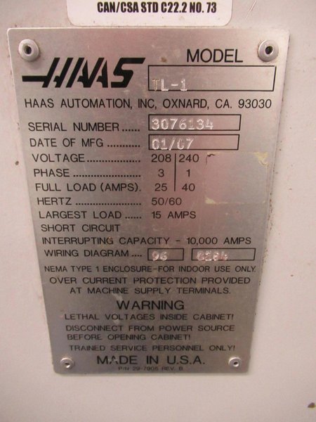 Haas TL-1 CNC Toolroom Lathe with Tailstock, 5C Collet Closer,  Coolant Pump and Tank