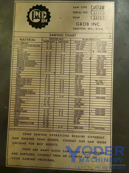 18" GROB MODEL 4V-18 VERTICAL BAND SAW: STOCK #77902