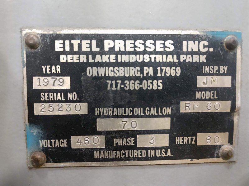 60 TON EITEL MODEL RP60 HYDRAULIC PRECISION STRAIGHTENING PRESS, 8" STROKE: STOCK #14296