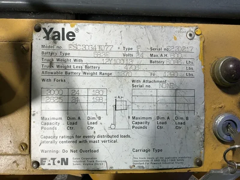 YALE 3000 LBS ELECTRIC STAND UP FORKLIFT  -  ESC30G4T077