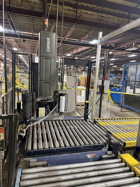 50" x 48" x 92" HIGH LANTECH QL AUTOMATIC SHRINK WRAPPER WITH IN-FEED &amp; OUT-FEED CONEYOR. STOCK # 0980426