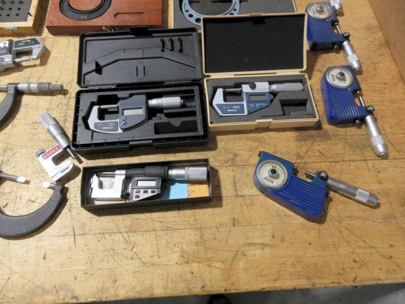 Micrometers Mostly Vernier Type some Digital, Various Brands and Blade Styles, and Box Of Setting Standards- Auction Item