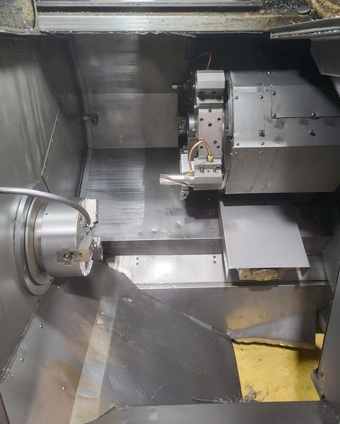 FUJI TNW-35TR 6-AXIS TWIN SPINDLE LIVE TOOL LATHE W/ GANTRY LOADER, 2007- Twin Turrets, 8″ Chucks x2