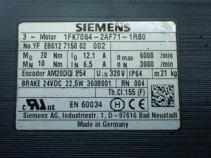 SIEMENS 6000RPM SYNCHRONOUS SERVO MOTOR  -  1FK7084-2AF71-1RB0