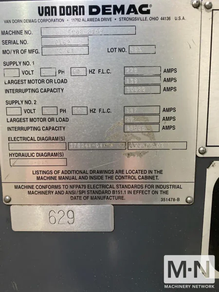 1100 TON 139 OZ VAN DORN MODEL 1100-6800 CALIBER INJECTION MOLDING MACHINE MFG 2001