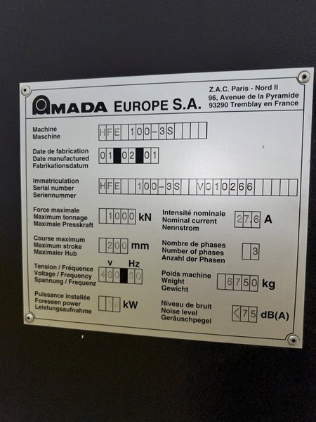 110 TON x 10' AMADA MODEL #HFE100-3S CNC HYDRAULIC PRESS BRAKE, 2001: STOCK #21984