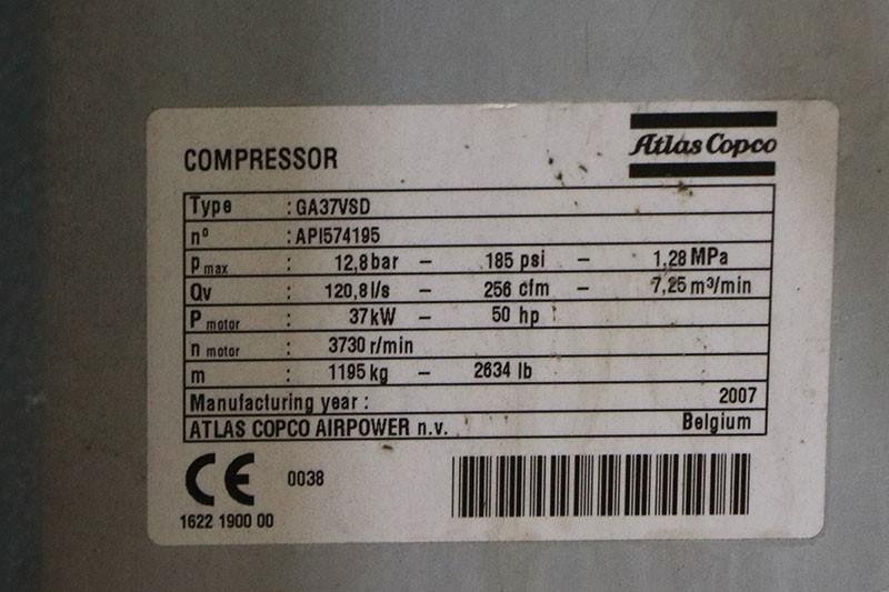 ATLAS COPCO Rotary Screw Air Compressor, Model GA37 VSD