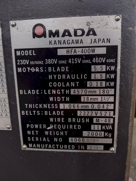 16&quot; X 16&quot; AMADA MODEL #HFA-400W AUTOMATIC HORIZONTAL BANDSAW: STOCK #15398