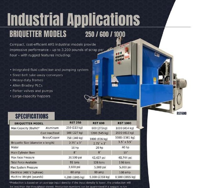 3&quot; x 2.75&quot; x 126 TON ARS MODEL #600 HYDRAULIC CHIP PUCKER BRIQUETTER: STOCK 22432