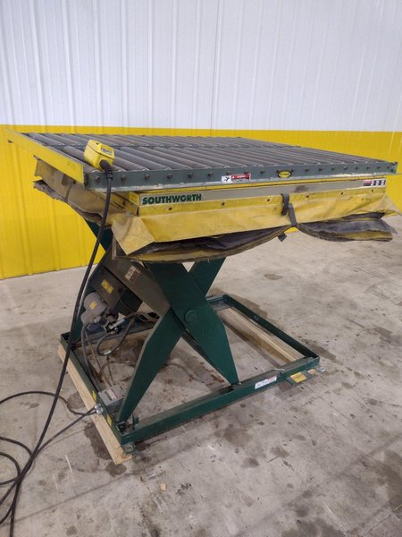 3,500 LBS X 48" X 48" SOUTHWORTH MODEL #LS4-36 HYDRAULIC SCISSOR LIFT TABLE WITH 60X48 ROLLER CONVEYOR TOP, 110 VOLT: STOCK #20924