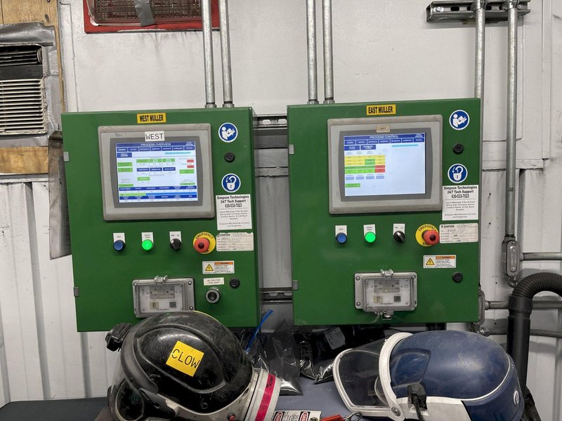 west 1965 B and P model 85b muller with dust hood, batch hopper, cooling system, upgraded to 100b gearbox , 125 hp motor, s/n 85b-101-6506
2020 west Simpson Hartley compactability system with model 2552 test unit, controls model 2552b1 s/n 2552b1-0611-1912, remote readout, bond feed transporter model 90mk2-5, available date 5/1/2025