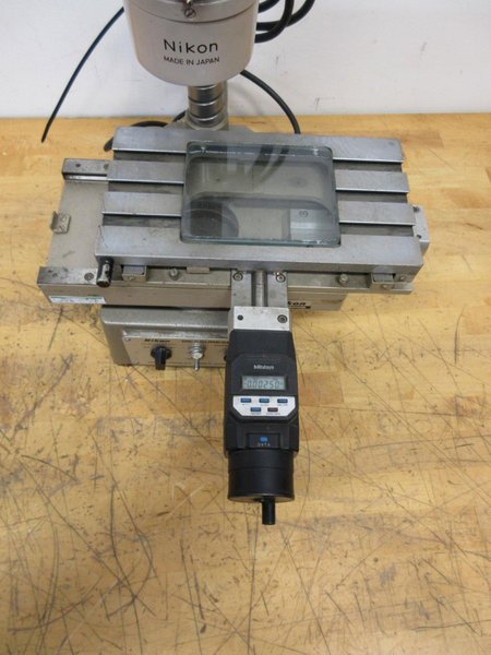 Nikon Measurescope Microscope with 15x Objective Lens, Stage Light, (1) Mitutoyo 164-162 Digital Micrometers 0-2" Range .00005" Resolution- Auction Item
