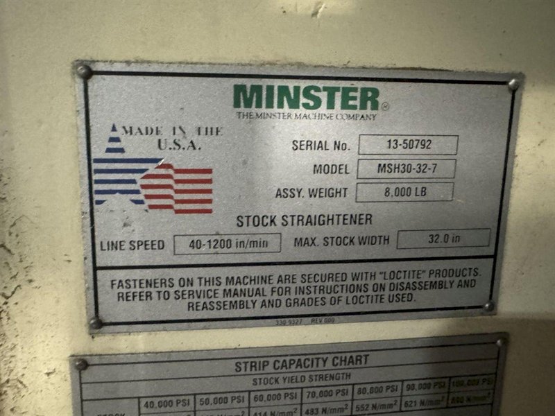 24,000 lbs. x 32&quot; Width Minster Coil Reel and Minster Powered Straightener,  Model#MRH20-38S &amp; MSH30-32-7, Year 2007