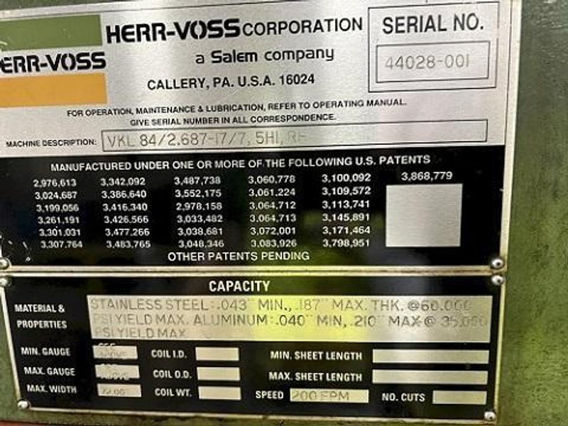 72&quot; X .187&quot; X 25,000# HERR VOSS / B&amp;K CUT-TO-LENGTH LINE