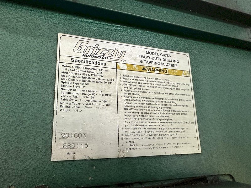 27&quot; GRIZZLY MODEL #G0756 HEAVY DUTY DRILLING &amp; TAPPING SINGLE SPINDLE DRILL:: STOCK 16885