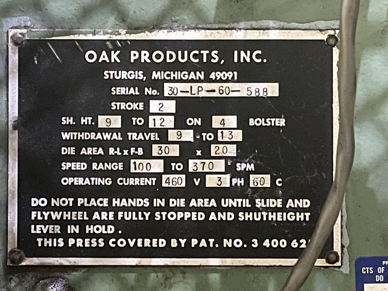 60 TON OAK MODEL #30-LP-60 HIGH SPEED LAM PRESS: STOCK #13135