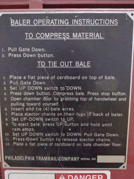 30&quot; x 60&quot; PTR PHILADEPHIA TRAMRAIL MODEL #2300HD VERTICAL HYRAULIC CARDBOARD BALER COMPACTOR: STOCK #23413