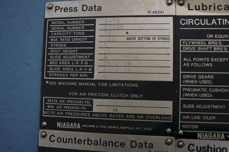 75 TON NIAGARA MODEL #E-75 OBI PRESS: STOCK #75877