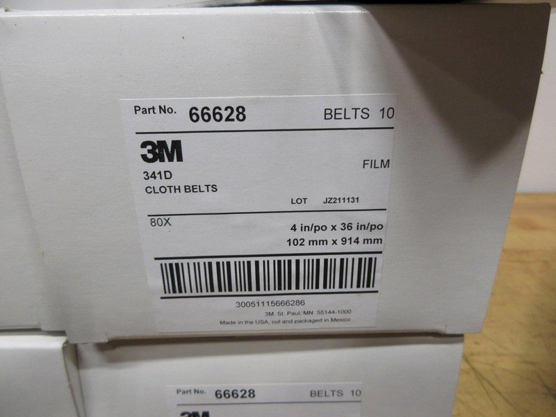 3M 4"x36"x80 Grit Sanding Belts (5 Boxes, 10 Belts Per Box),  (2) Scotch-Brite Finishing Wheels 8"x2"x3" Super Fine- Auction Item