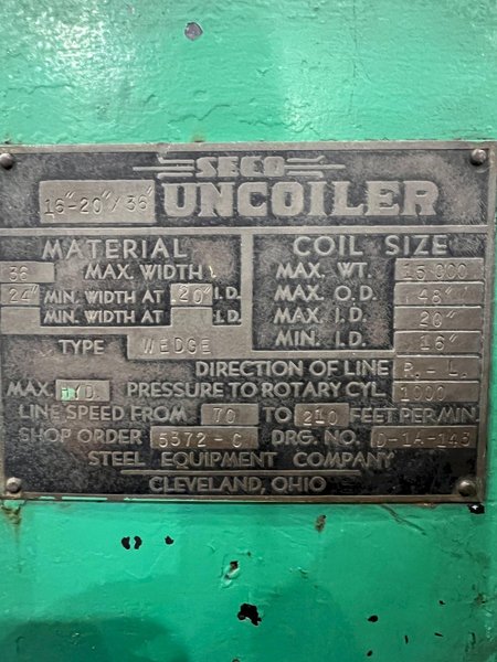 15,000 LB X 36” SECO POWERED UNCOILER COIL REEL, ON TRAVERSING BASE: STOCK #22957