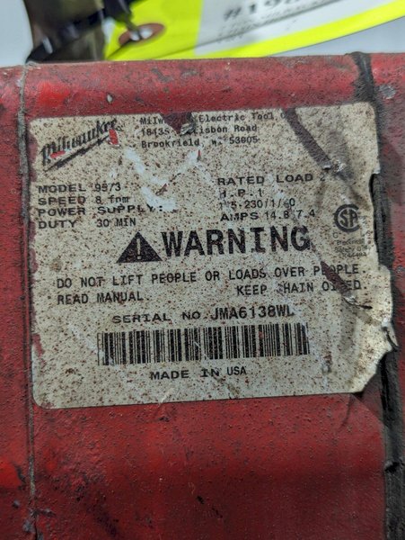 2 TON MILWAUKEE MODEL #9573 ELECTRIC CHAIN HOIST 110V SINGLE PHASE: STOCK #19859