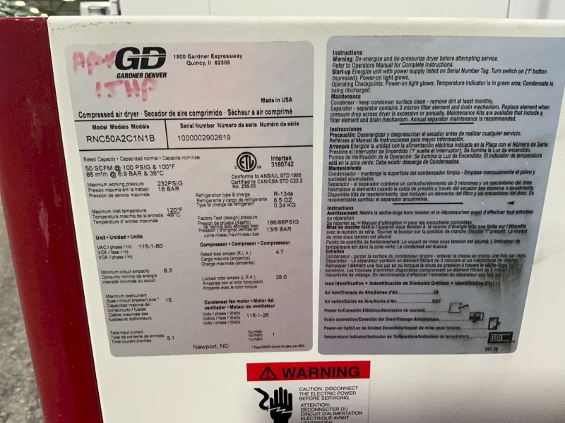 GARDNER DENVER 3/60/460 AIR COMPRESSOR WITH AIR DRYER  -  APEX5-15A