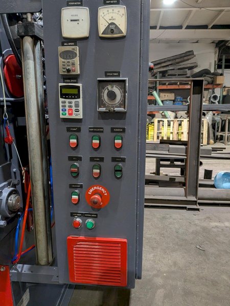 2012 DeLong 7 super model DSTB7 rubber belt tumblast machine s/n 0066281 rated at 7 cu ft capacity, 20hp direct drive shot wheel, offered rebuilt