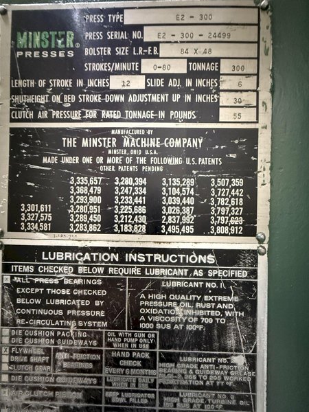 300-ton Minster E2-300-84-48 Hevi-Stamper Used Straight Side Stamping Press For Sale, Year 1981