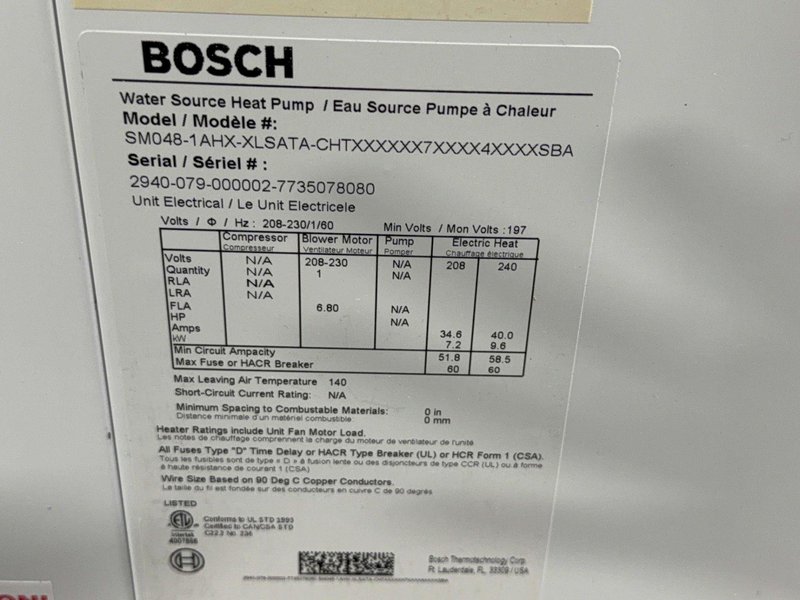 BOSCH WATER SOURCE HEAT PUMP   -  SM060-1AHX-XLSATA-CHTX